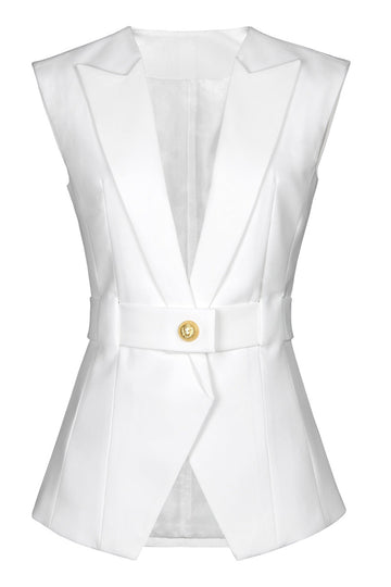 White Peak Lapel Sleeveless Satin Women Blazer